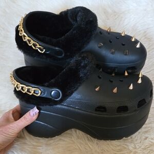 EGO Black and Gold Platform Mules with Chain and Studs